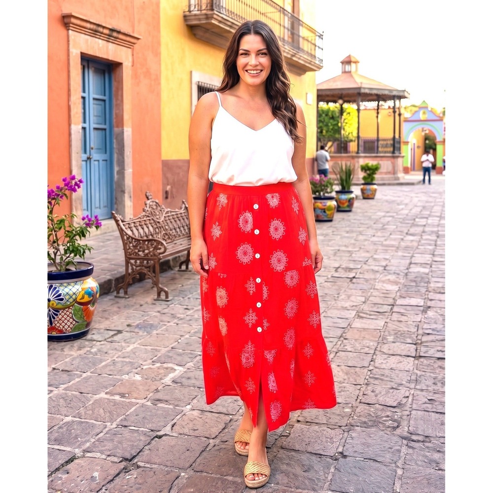 100% Cotton Embroidered Eyelet Maxi Skirt Womens Petite XL Orange Lined - NWT